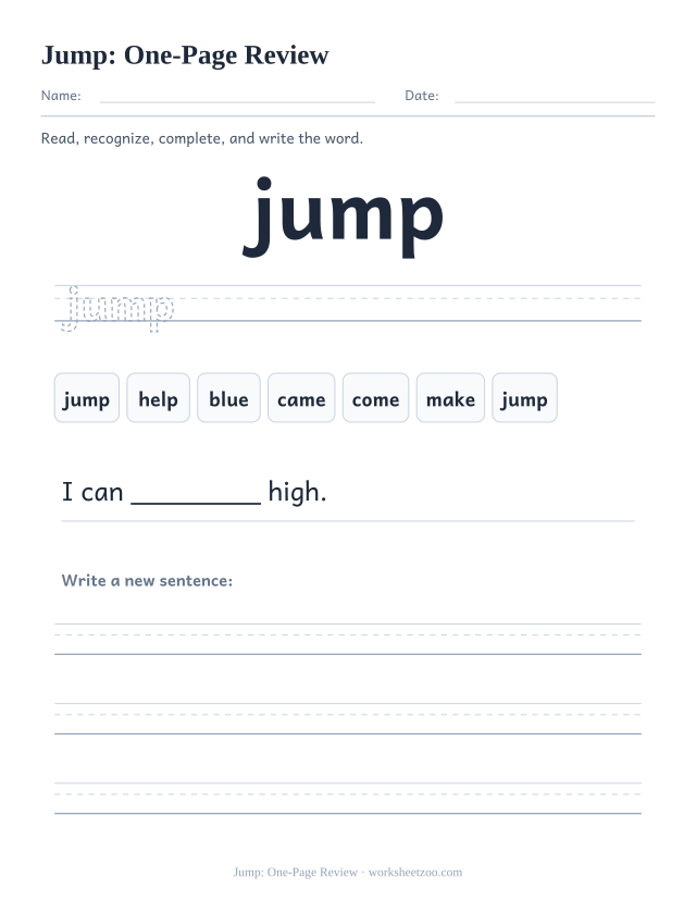 Sight word “jump” worksheet, one-page review printable activity