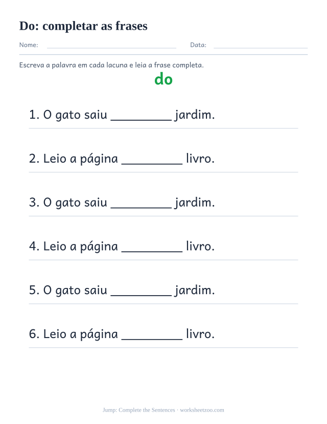 Prévia da palavra frequente “do”, completar as frases