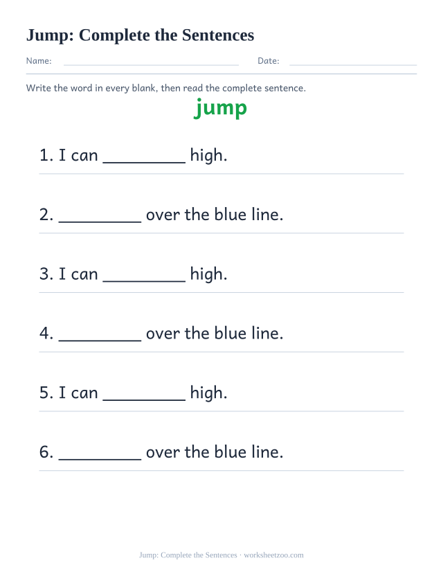Sight word “jump” worksheet, complete the sentences printable activity
