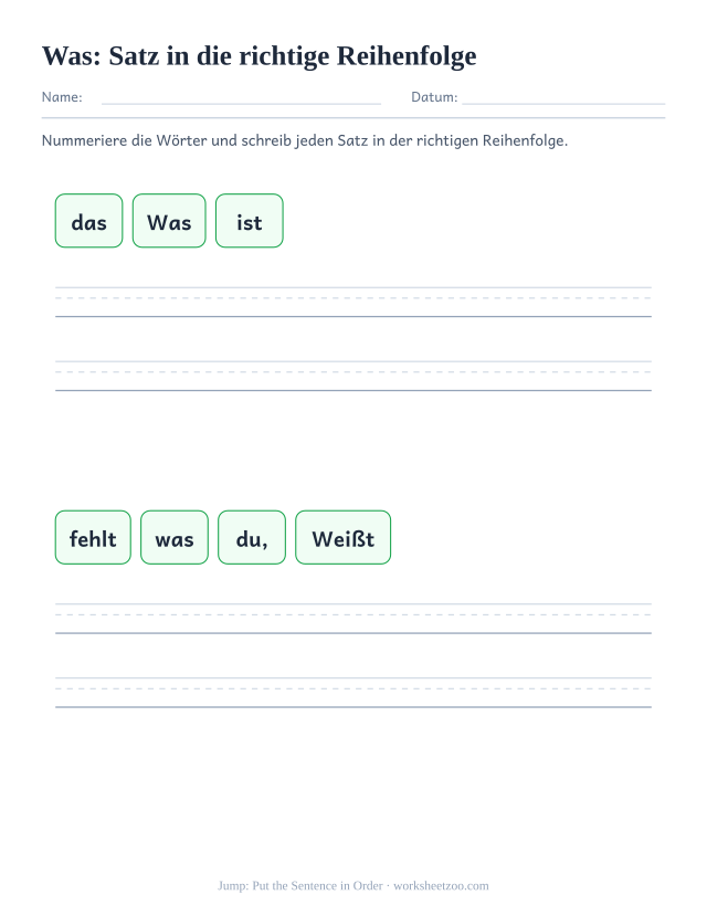 Vorschau: häufiges Wort „was“, Satz in die richtige Reihenfolge