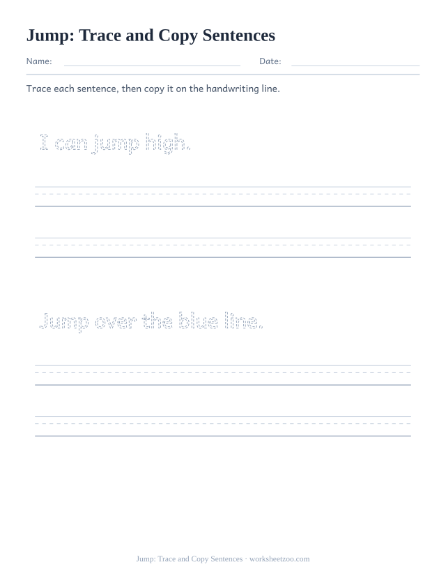 Sight word “jump” worksheet, trace and copy sentences printable activity