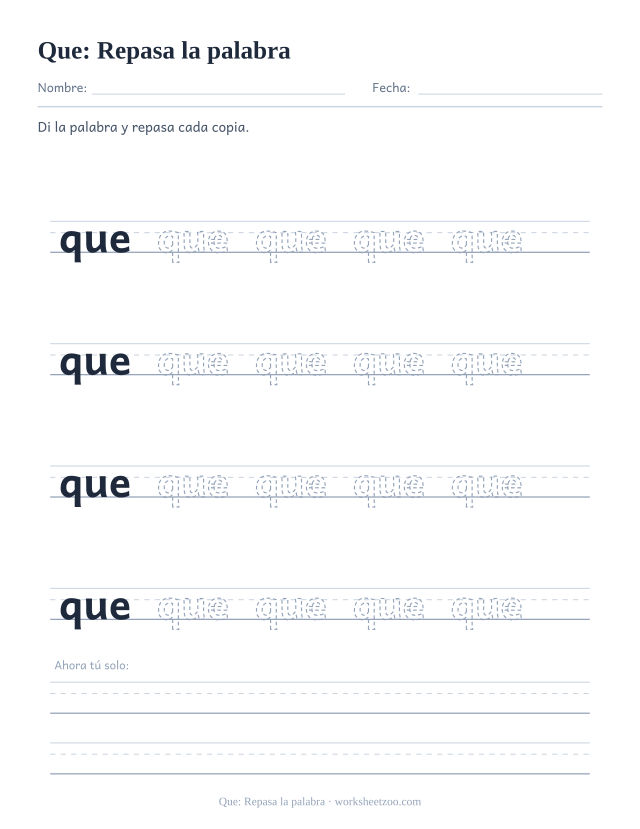 Ficha de la palabra frecuente «que», repasa la palabra para imprimir