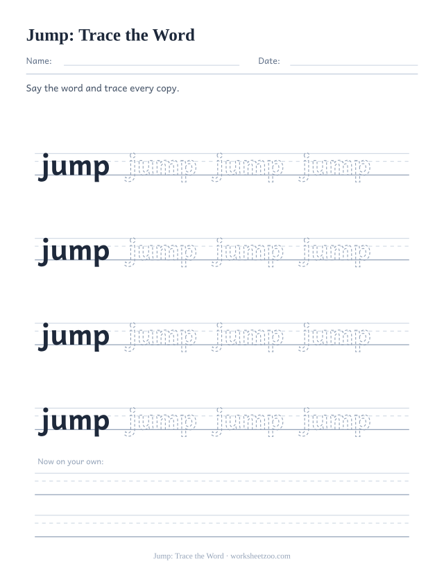 Sight word “jump” worksheet, trace the word printable activity