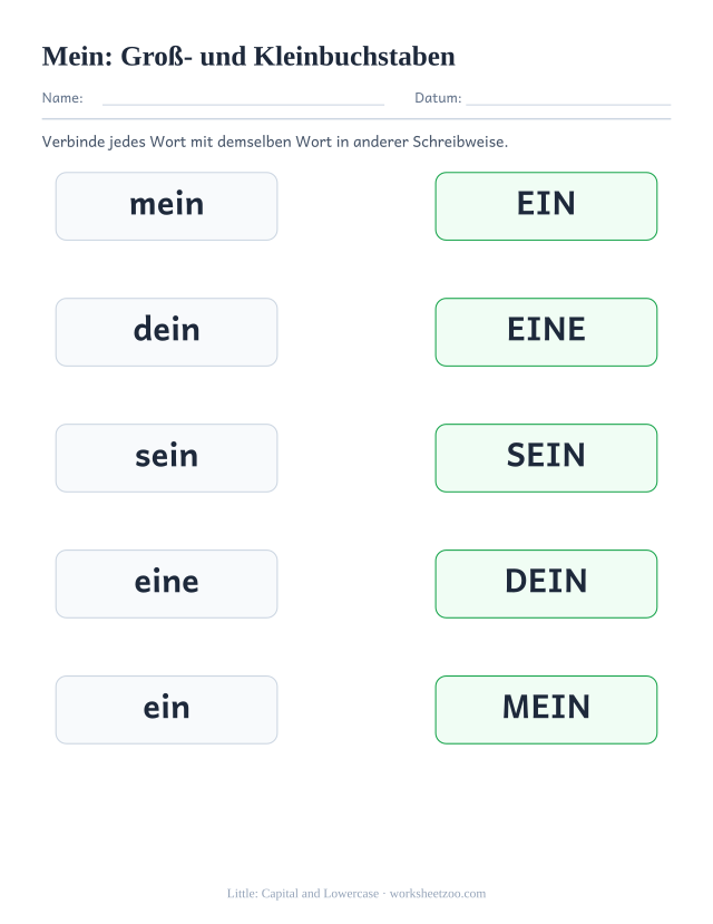 Vorschau: häufiges Wort „mein“, Groß- und Kleinbuchstaben
