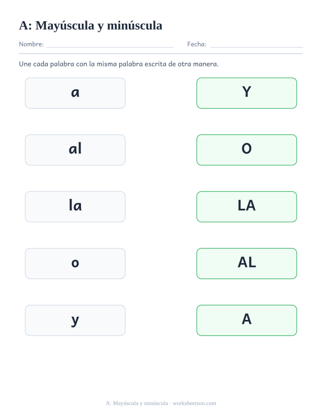 Ficha de la palabra frecuente «a», mayúscula y minúscula para imprimir