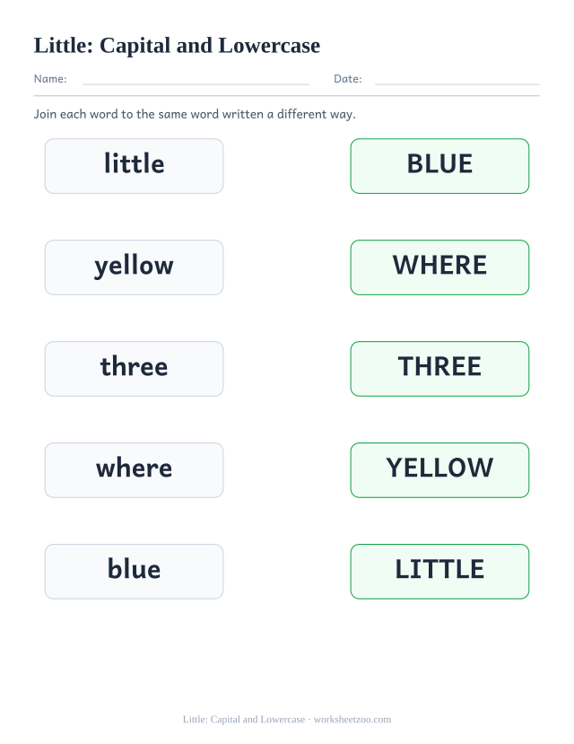 Sight word “little” worksheet, capital and lowercase printable activity