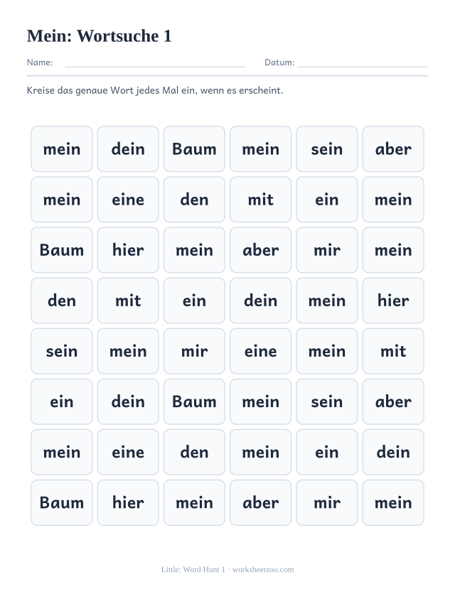 Vorschau: häufiges Wort „mein“, Wortsuche 1