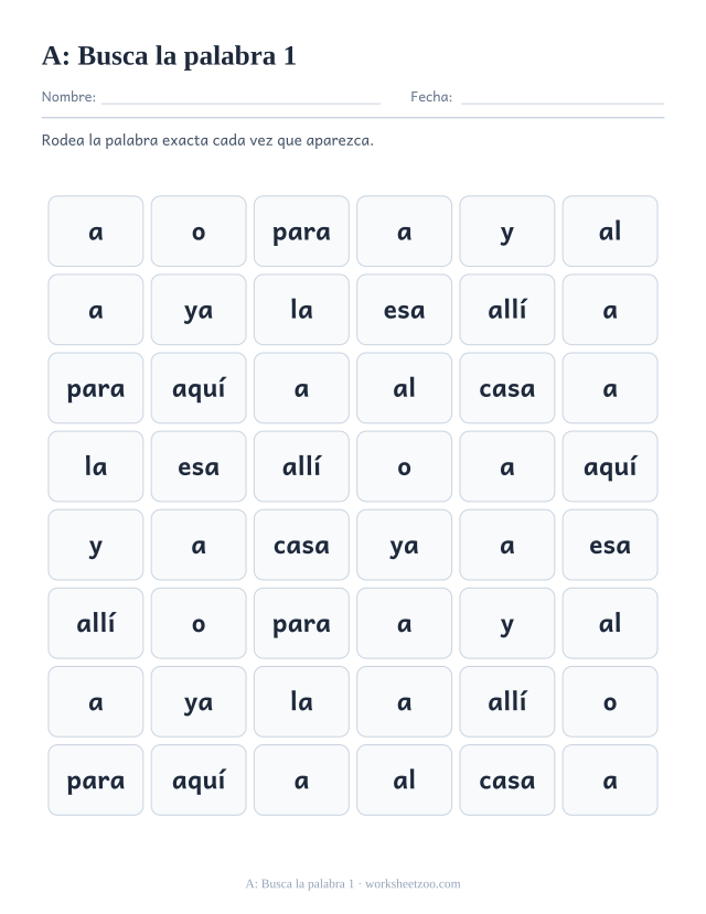 Ficha de la palabra frecuente «a», busca la palabra 1 para imprimir