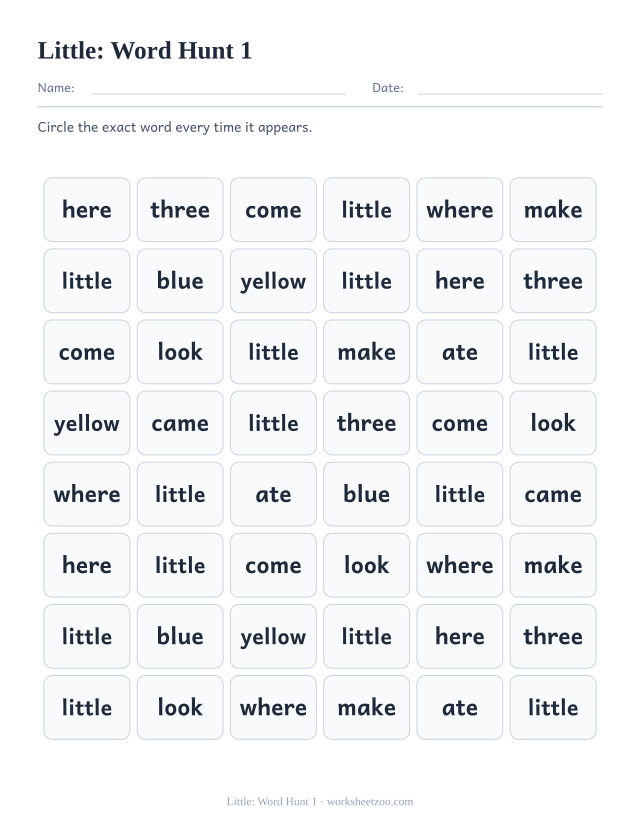 Sight word “little” worksheet, word hunt 1 printable activity