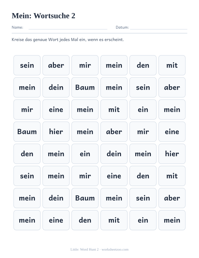 Vorschau: häufiges Wort „mein“, Wortsuche 2