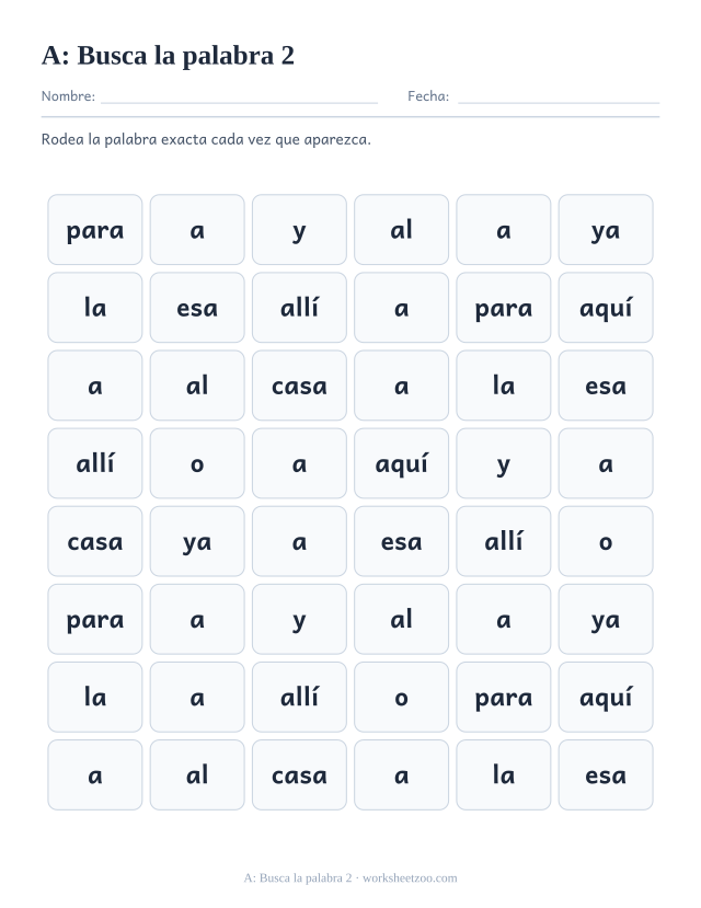 Ficha de la palabra frecuente «a», busca la palabra 2 para imprimir