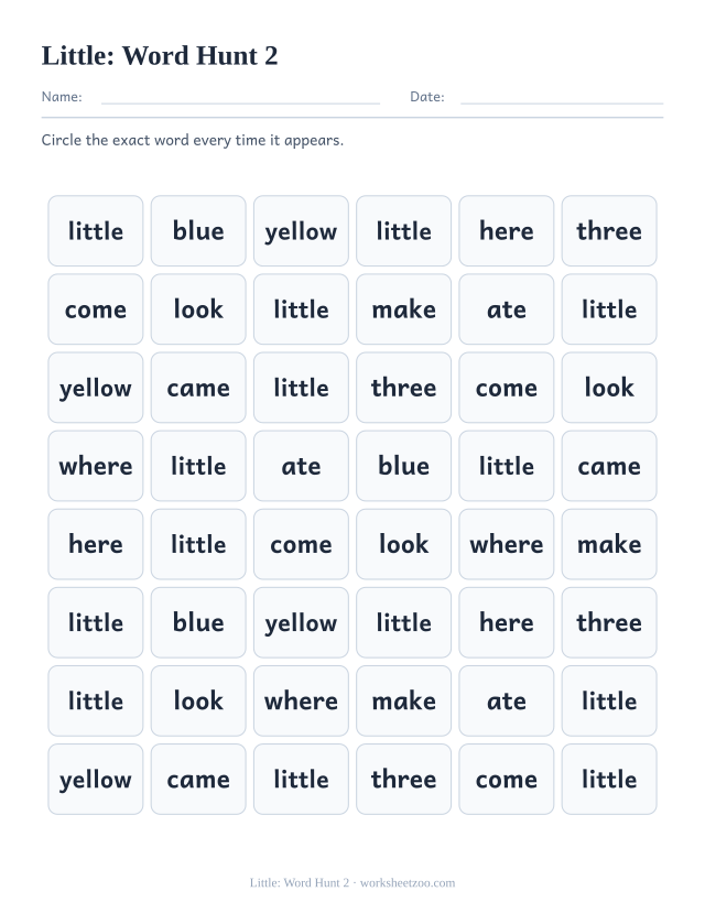 Sight word “little” worksheet, word hunt 2 printable activity