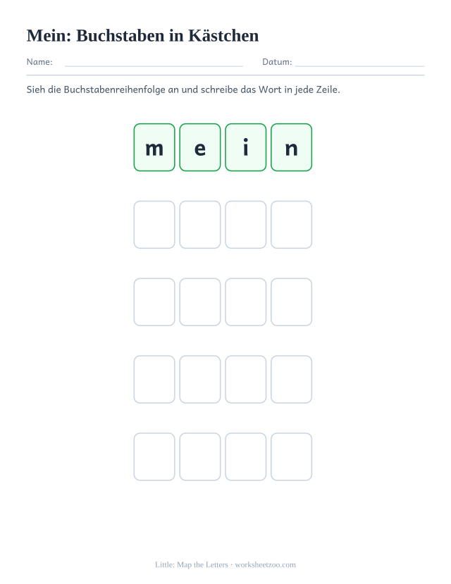 Vorschau: häufiges Wort „mein“, Buchstaben in Kästchen