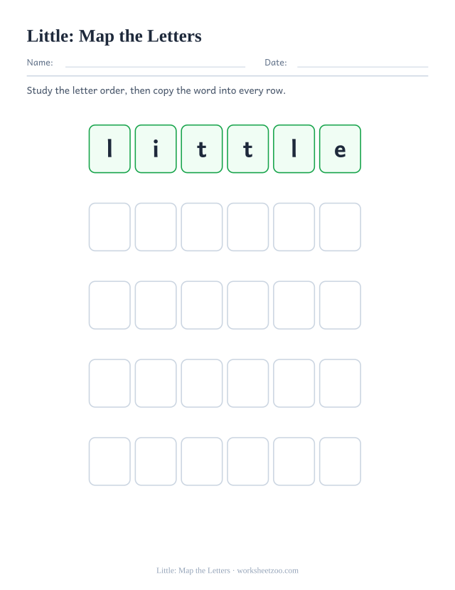 Sight word “little” worksheet, map the letters printable activity