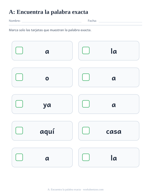 Ficha de la palabra frecuente «a», encuentra la palabra exacta para imprimir