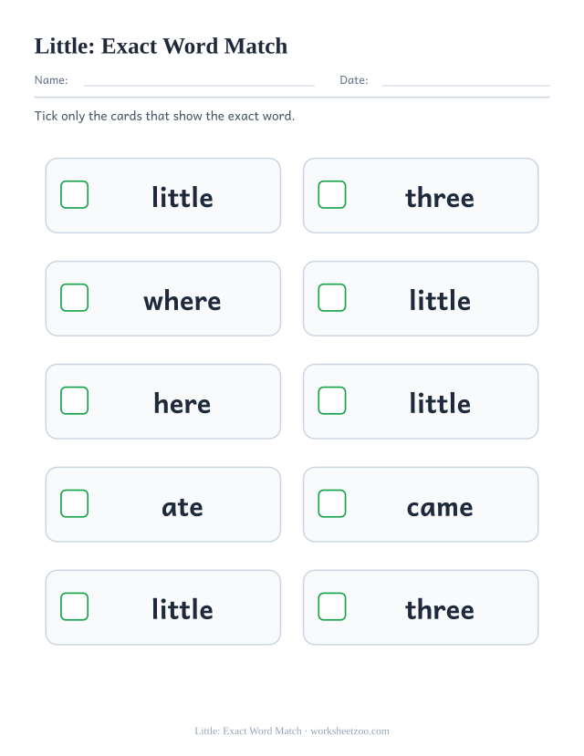 Sight word “little” worksheet, exact word match printable activity