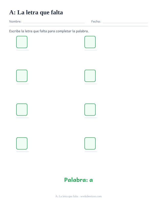 Ficha de la palabra frecuente «a», la letra que falta para imprimir