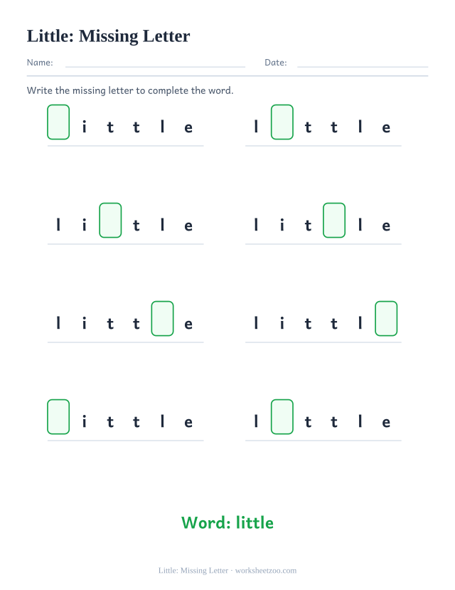 Sight word “little” worksheet, missing letter printable activity