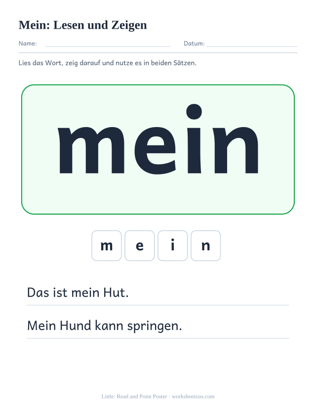 Vorschau: häufiges Wort „mein“, Lesen und Zeigen