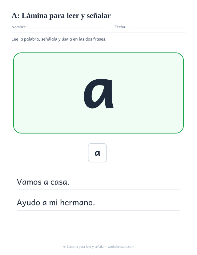 Ficha de la palabra frecuente «a», lámina para leer y señalar para imprimir