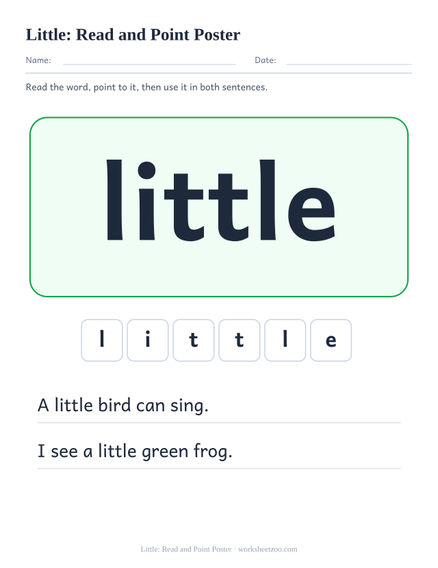 Sight word “little” worksheet, read and point poster printable activity