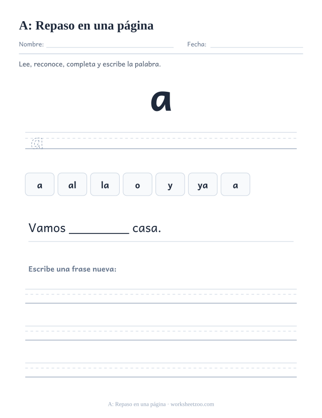 Ficha de la palabra frecuente «a», repaso en una página para imprimir