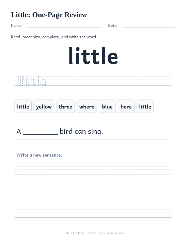 Sight word “little” worksheet, one-page review printable activity