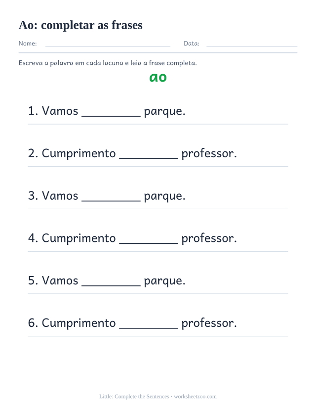 Prévia da palavra frequente “ao”, completar as frases