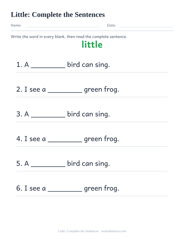 Sight word “little” worksheet, complete the sentences printable activity