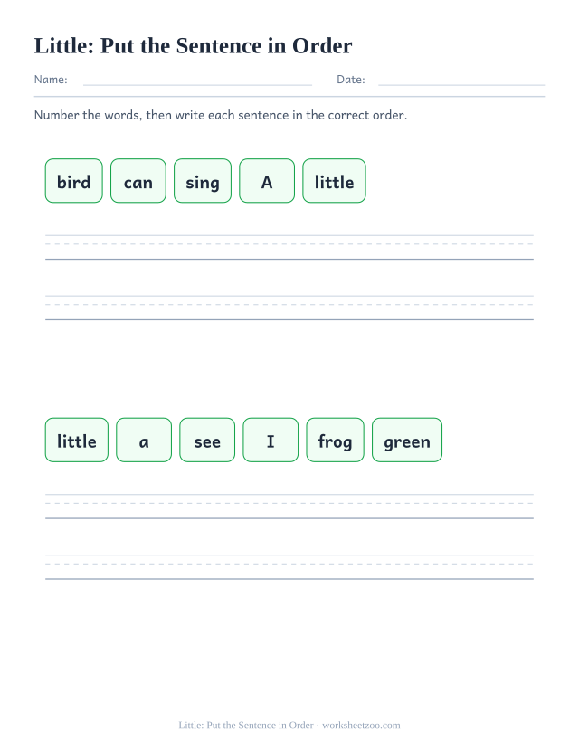 Sight word “little” worksheet, put the sentence in order printable activity