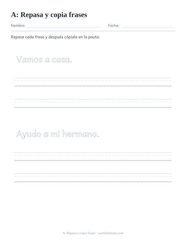 Ficha de la palabra frecuente «a», repasa y copia frases para imprimir