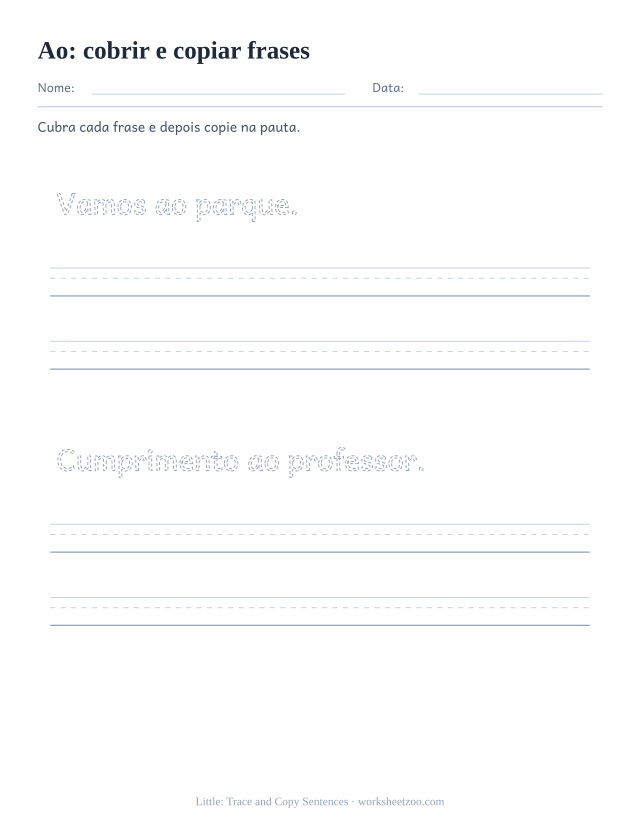 Prévia da palavra frequente “ao”, cobrir e copiar frases