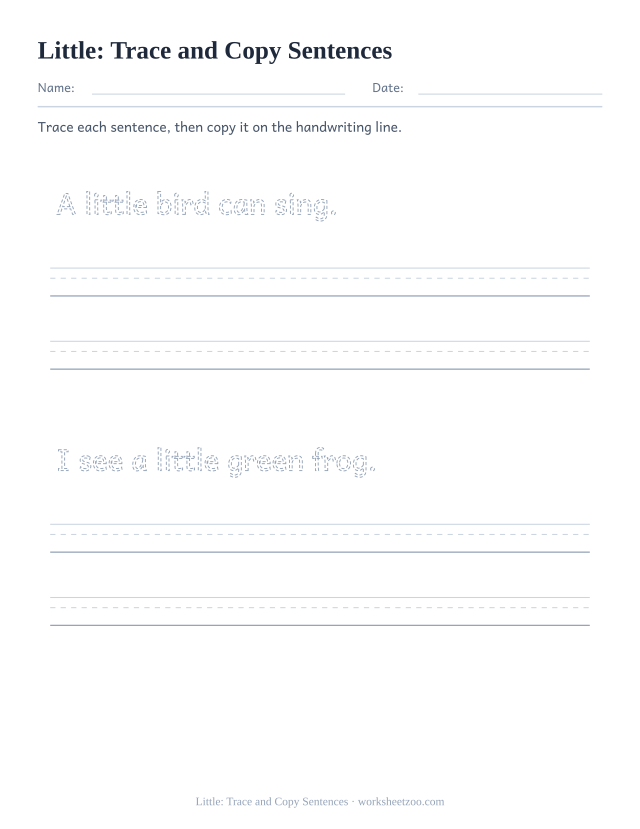 Sight word “little” worksheet, trace and copy sentences printable activity