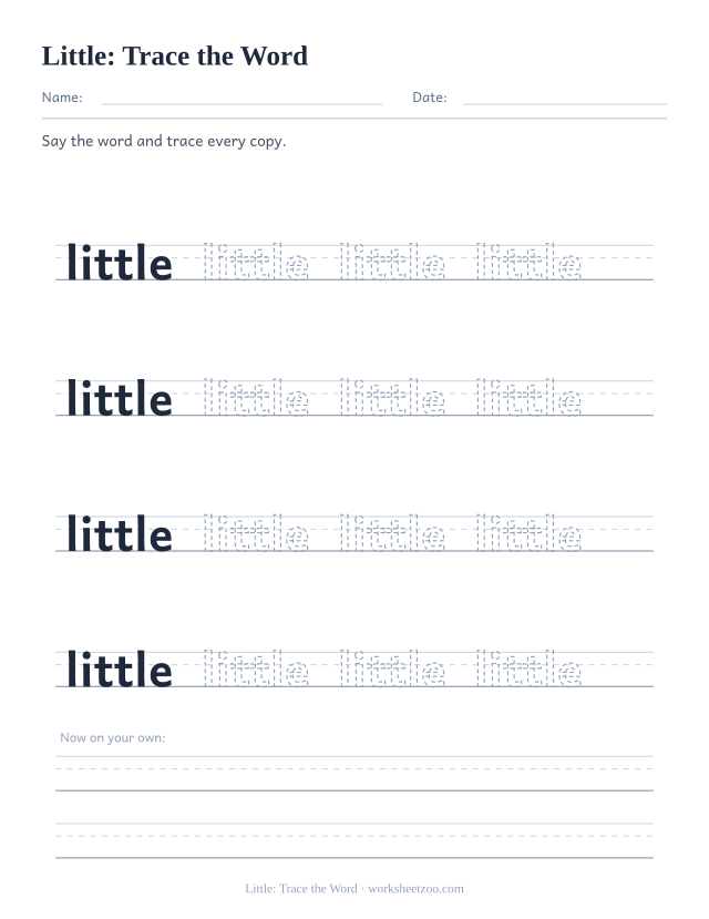 Sight word “little” worksheet, trace the word printable activity