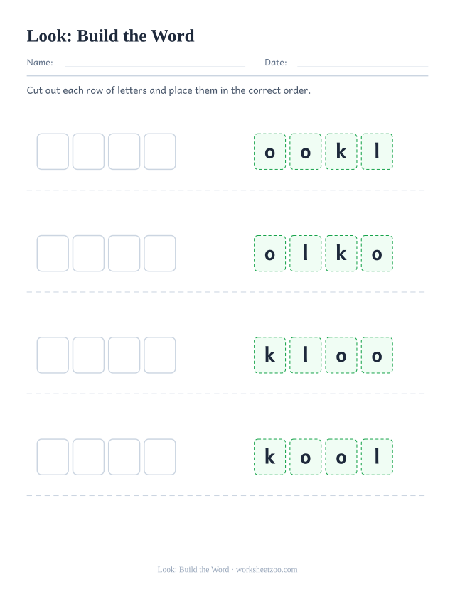 Sight word “look” worksheet, build the word printable activity