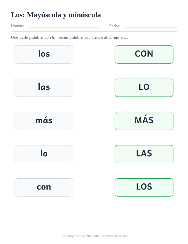 Ficha de la palabra frecuente «los», mayúscula y minúscula para imprimir