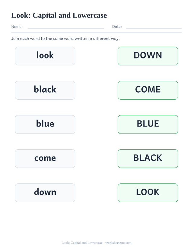 Sight word “look” worksheet, capital and lowercase printable activity
