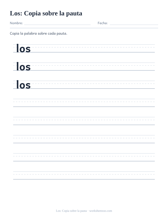 Ficha de la palabra frecuente «los», copia sobre la pauta para imprimir