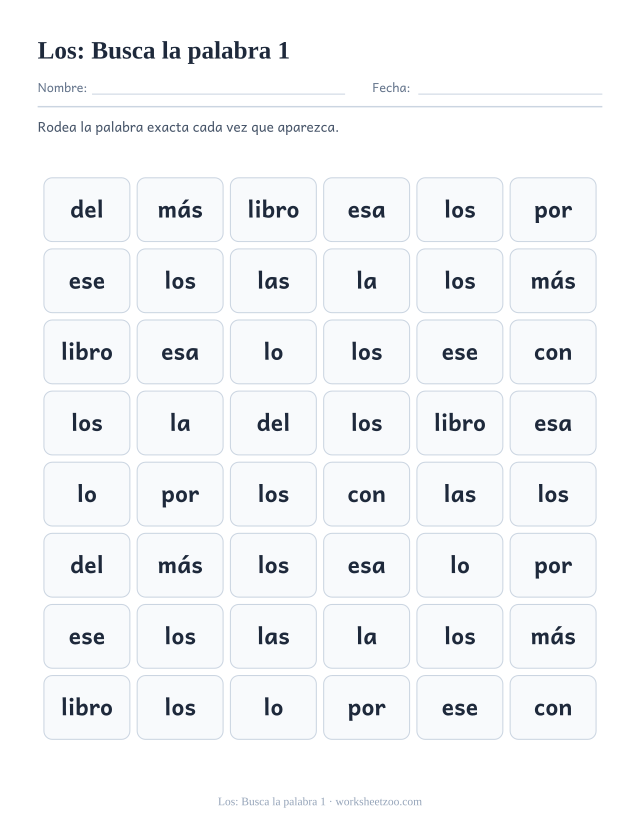 Ficha de la palabra frecuente «los», busca la palabra 1 para imprimir
