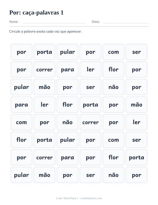 Prévia da palavra frequente “por”, caça-palavras 1