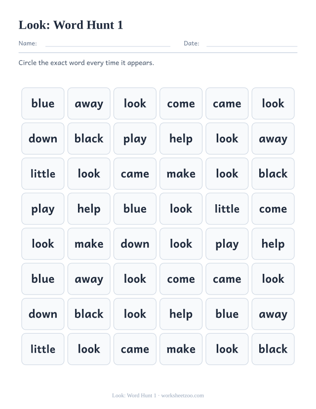 Sight word “look” worksheet, word hunt 1 printable activity