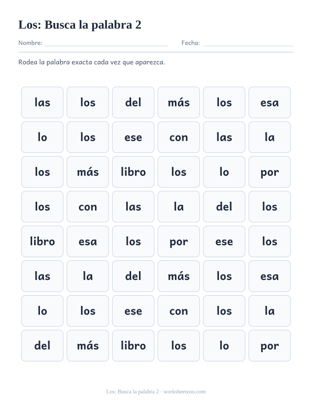 Ficha de la palabra frecuente «los», busca la palabra 2 para imprimir
