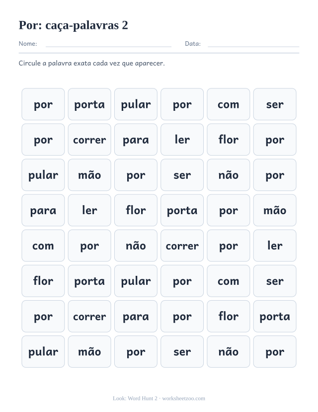 Prévia da palavra frequente “por”, caça-palavras 2