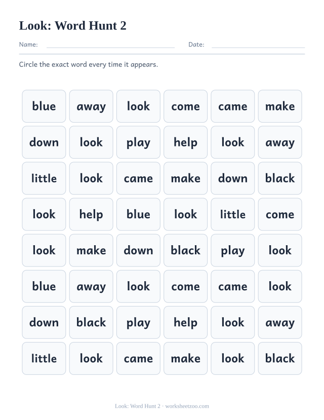 Sight word “look” worksheet, word hunt 2 printable activity