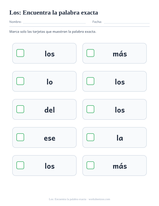 Ficha de la palabra frecuente «los», encuentra la palabra exacta para imprimir