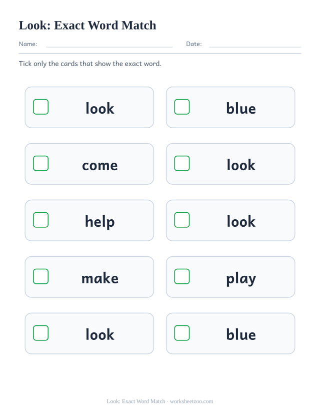Sight word “look” worksheet, exact word match printable activity