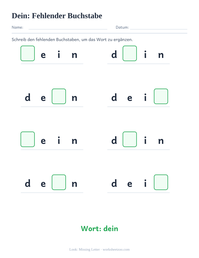 Vorschau: häufiges Wort „dein“, Fehlender Buchstabe