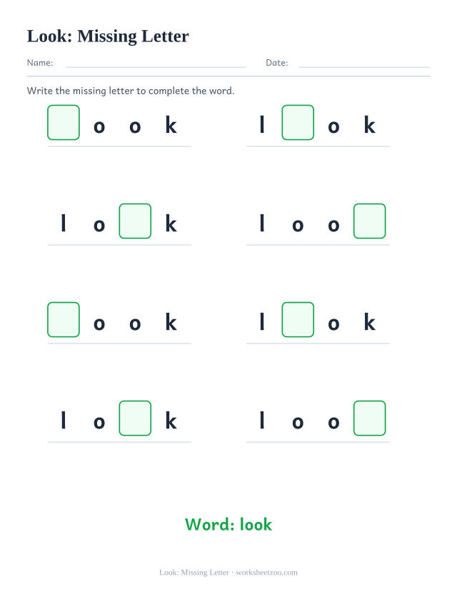 Sight word “look” worksheet, missing letter printable activity