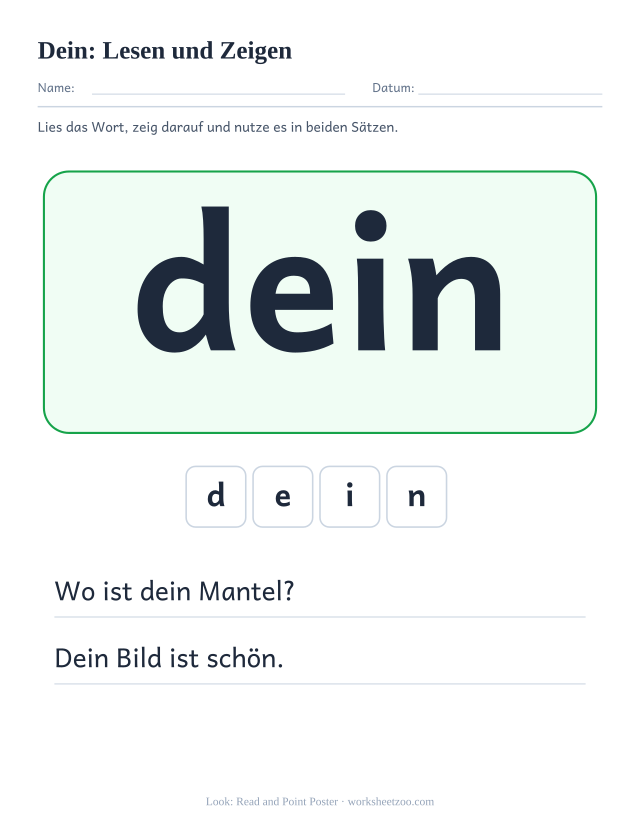 Vorschau: häufiges Wort „dein“, Lesen und Zeigen