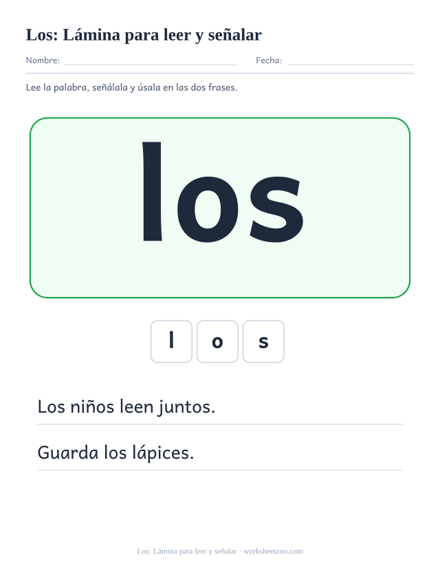 Ficha de la palabra frecuente «los», lámina para leer y señalar para imprimir